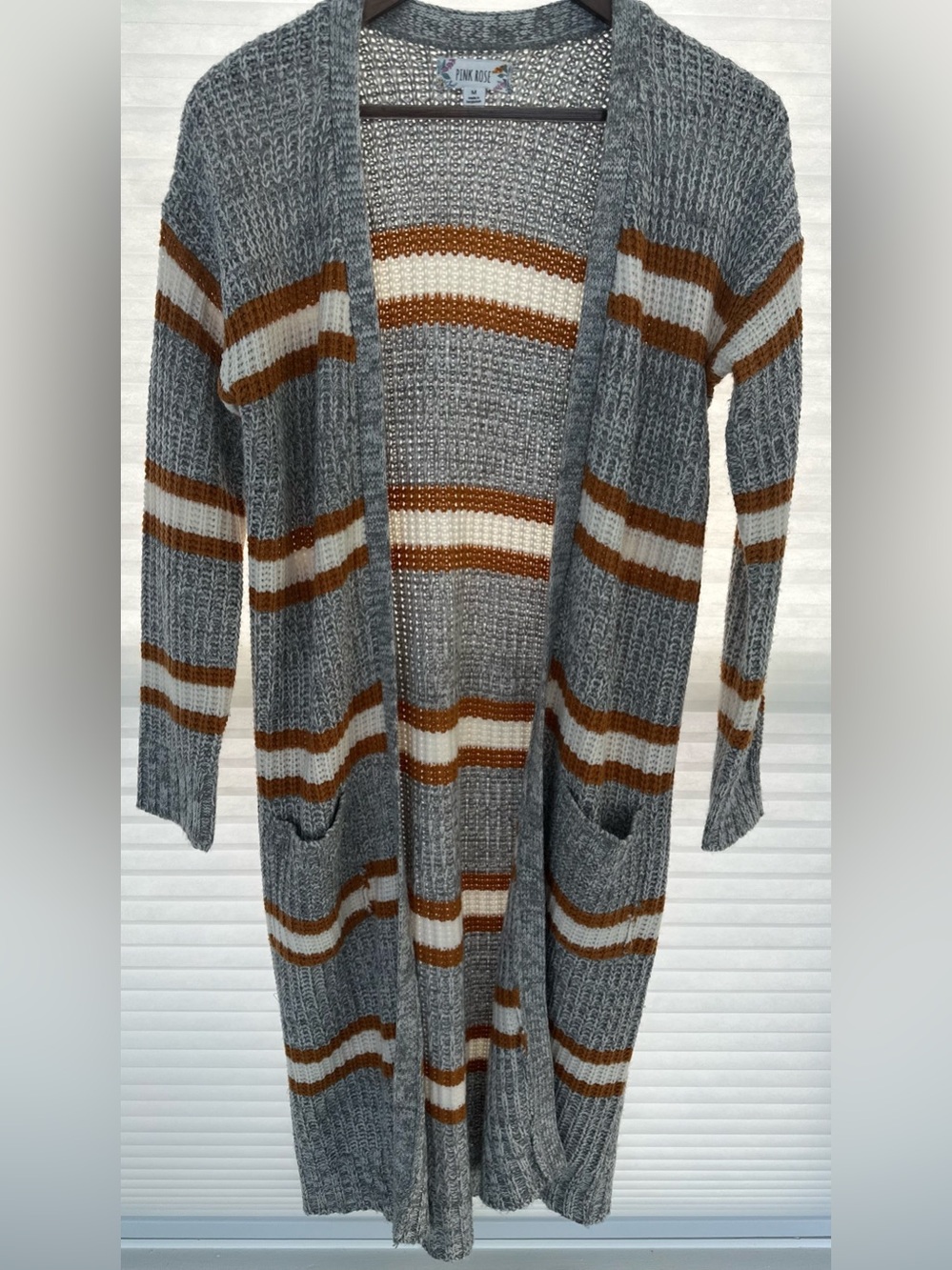 Pink Rose Women's Striped Open Front Duster Cardigan Sweater - Size Medium
